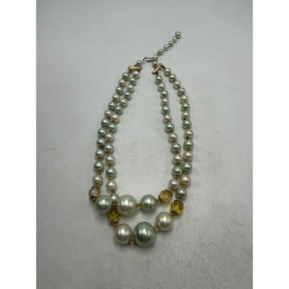 Vintage Double Strand Faux Pearl Necklace Green White Amber Glass Beads Hook